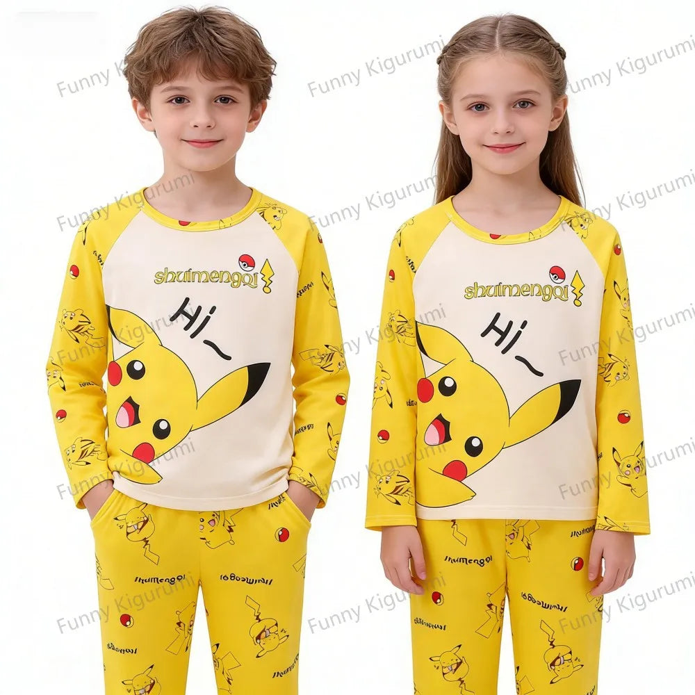 Children's Pyjamas Pikachu Set Kids Sleepers Boys Girls Cartoon Long Sleeve Sleepwear 3-14T Teenage Home Clothes Pajama Pijama