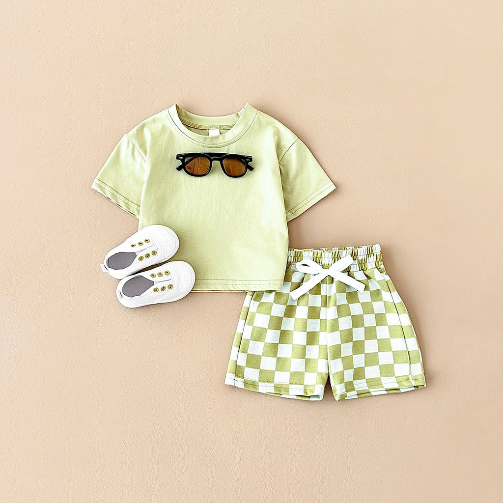 2PCS Kids Clothes Baby Boys Girls Solid Color Short Sleeve T-shirt Plaid Pattern Shorts Sets Baby Clothing Sets 0-3Y