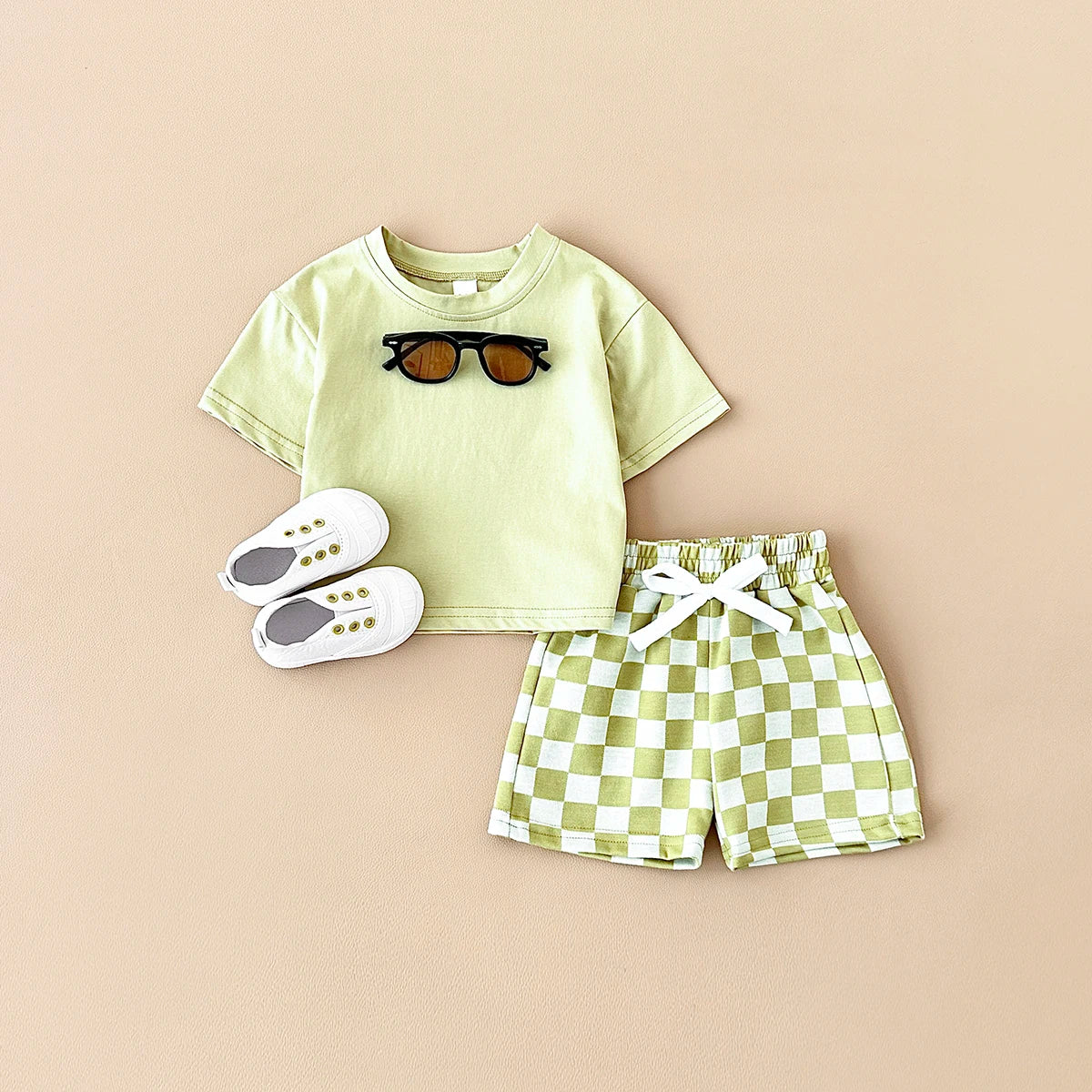 2PCS Kids Clothes Baby Boys Girls Solid Color Short Sleeve T-shirt Plaid Pattern Shorts Sets Baby Clothing Sets 0-3Y