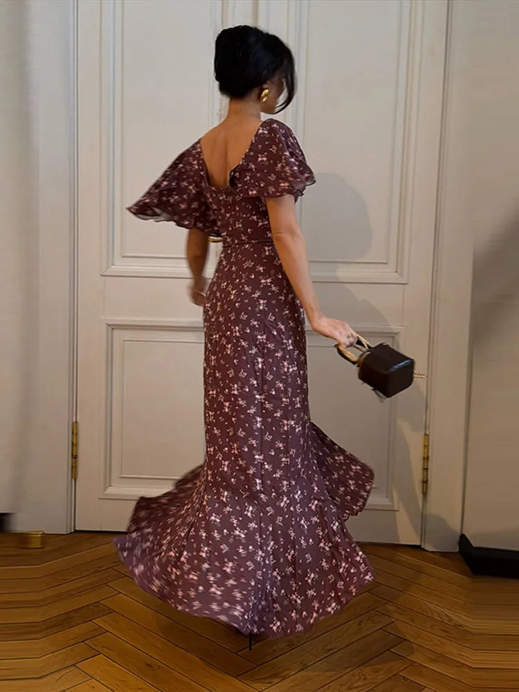 Elegant Women's Printed Lotus Leaf Long Dress Slim High Waist V-neck Short Flared Sleeve Backless Slit Dresses 2026 Summer Robe