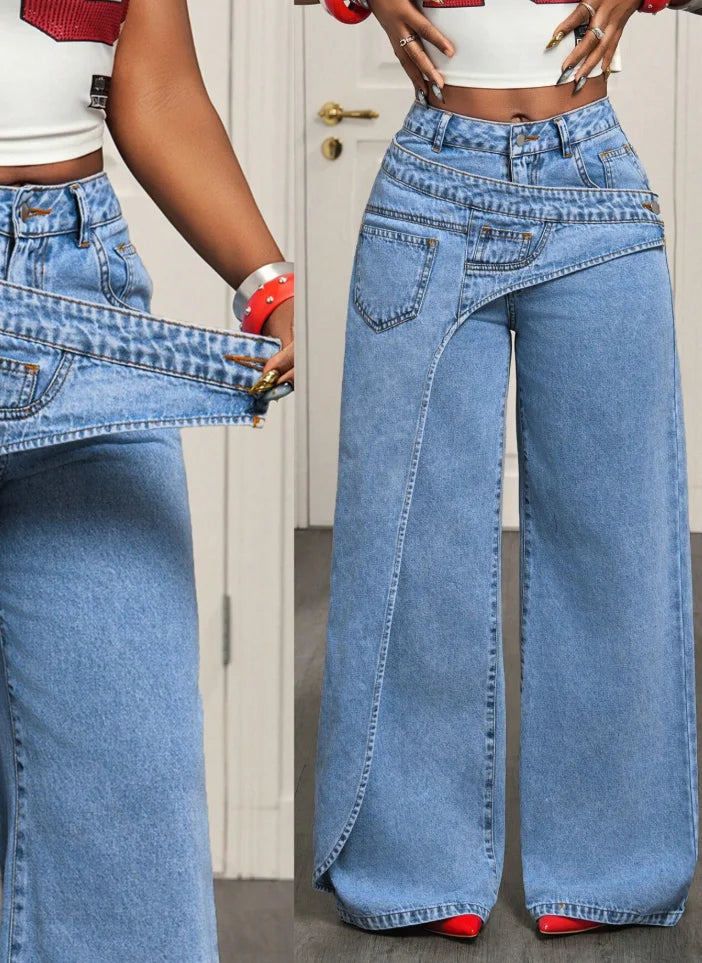 Denim Pant Women Jeans Vintage Wide Leg Long Pants High Waist Straight Trousers Y2k Streetwear Elegant Splice Work Casual Loose