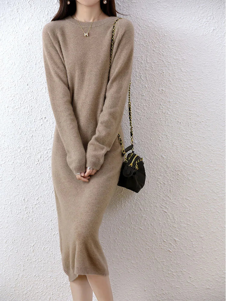 Cashmere Sweater Knitted Dresses 100% Merino Wool Women's Winter Female Elegant Pullovers Dress Autumn Casual Long Sleeve Skirts