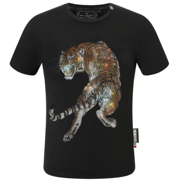 2025 Summer New Luxury Men's Fashion Skull Design Rhinestones T-Shirt Pure Cotton Crew-Neck Casual High Quality
