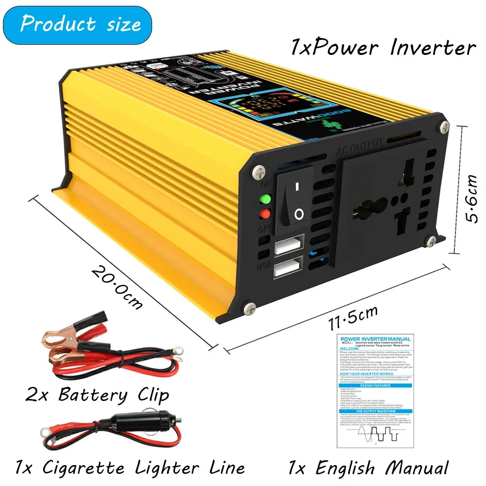 6000W Inverter DC 12V To AC 110V / 220V Vehicle Solar Power Inverter with Dual USB Digital Display for RVs and Small Appliances