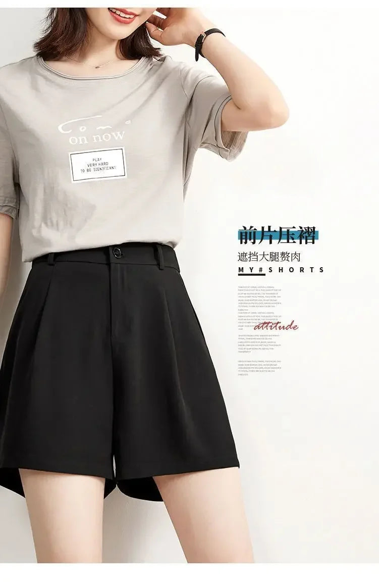 Suit Shorts Women Wear Loose Waist Tight Waist High Thin Loose Straight Leisure A -line Wide -legged Female Three -point Pants