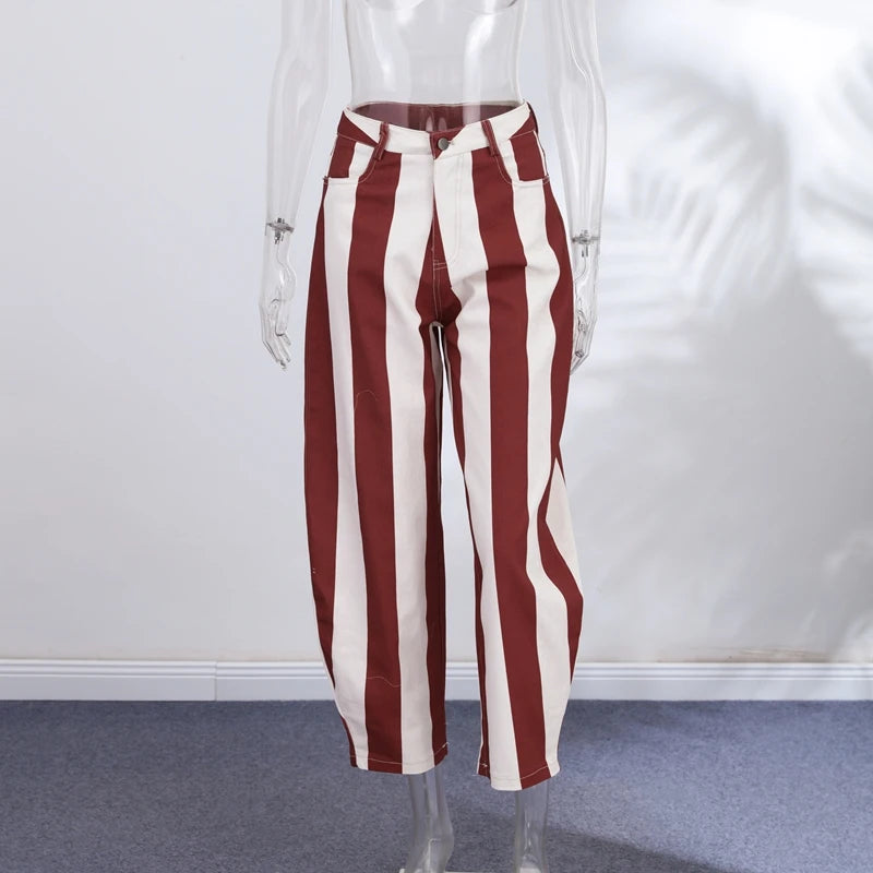 Street Fashion Stripe Women's Pants Zipper Button Pocket Wide Leg Multicolor Vertical Pants 2026 Spring Summer Lady Trousers