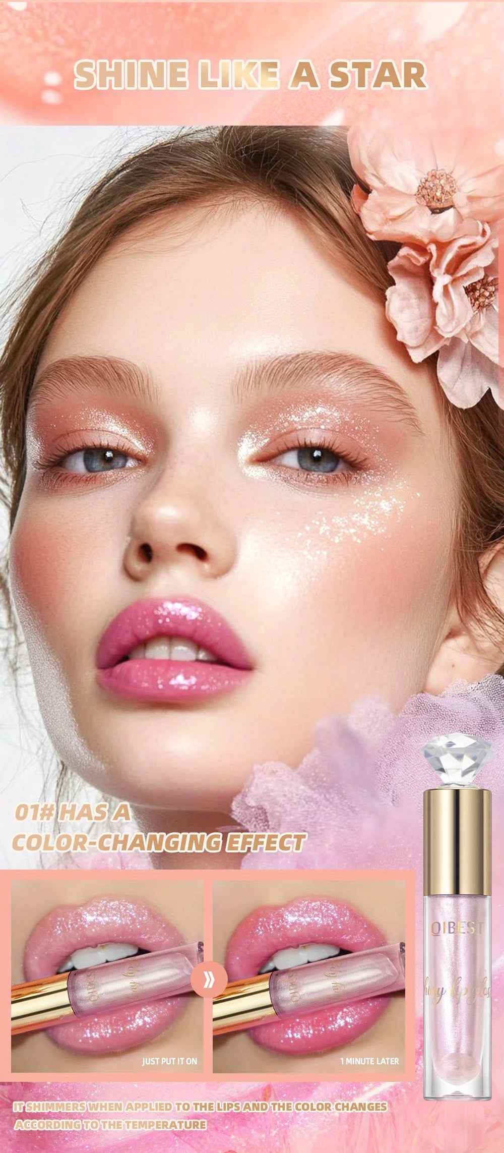 Shiny lip gloss, sparkling crystal, water-permeable and long-lasting color rendering, light and rich
