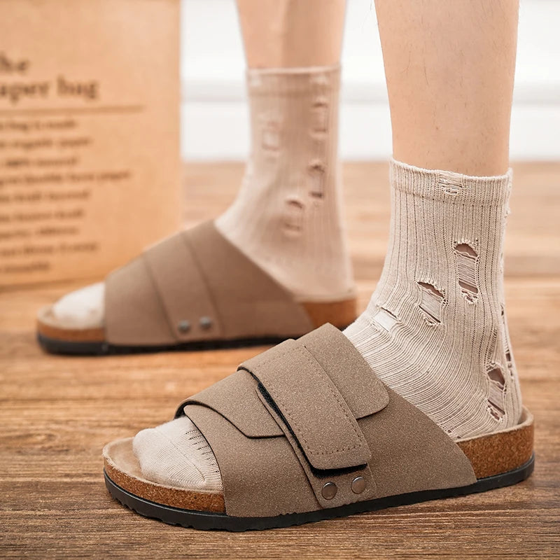 Men's Cork Slippers Suede Leather Clogs with Open Upper Comfort Footbed Adjustable Sandals Slides Indoor Home Shoes Women Couple
