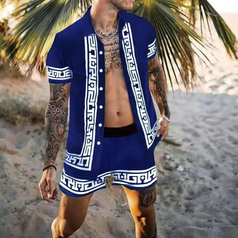 2024 Summer Men's Fashion Leopard Print Short Sleeve Shirt And Shorts Set Beach Style T Shirt Breathable Shorts Two Piece Set