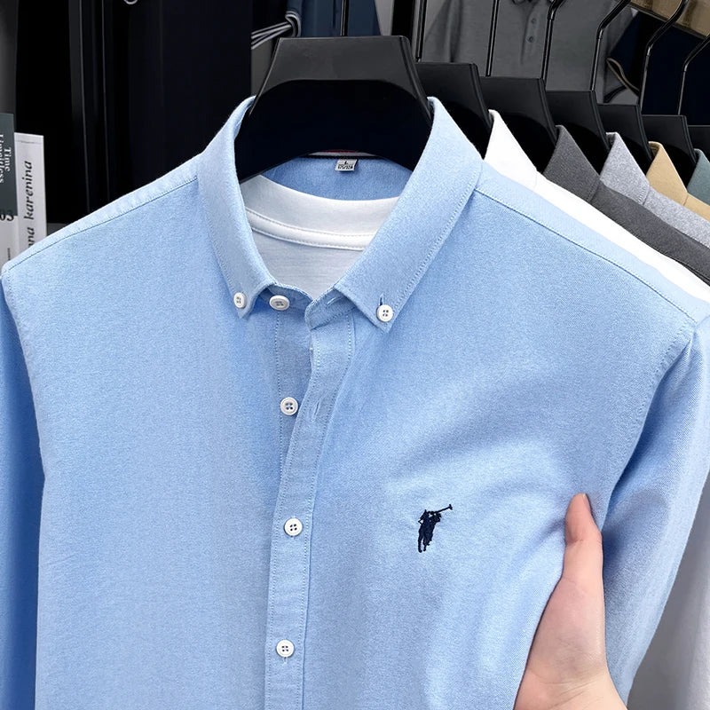 High End 100% Pure Cotton Long Sleeved Men's 2026 Spring Fashion Solid Color Business Casual Small Horse Logo Shirt