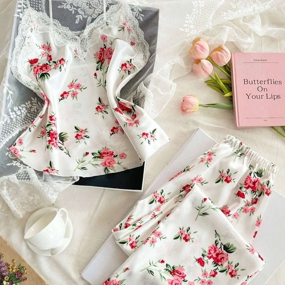 Satin Ice Silk Women's Printed Pajamas Set Lace-Trimmed V-Neck Shorts And Long Pants Ice Silk Suspender Sleepwear Floral Printed