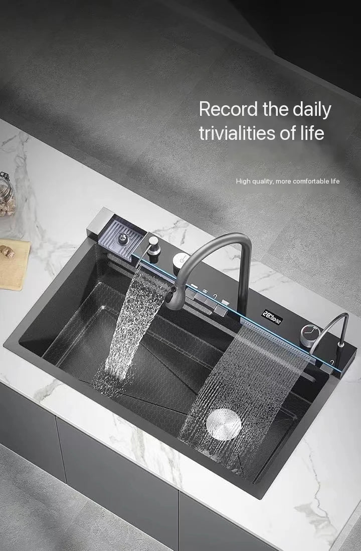 Stainless Steel Waterfall Kitchen Sink Digital Display Extra Large Single Bowl Multifunctional Household Vegetable Washing Sink