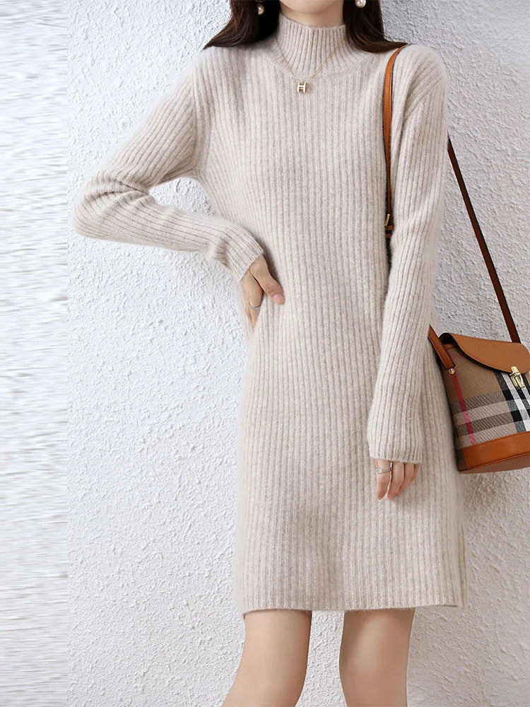 Fashion Cashmere Sweater Womens Knitted Dresses 100% Merino Wool Turtleneck Elegant Dress Autumn Winter Long Sleeve Short Skirts
