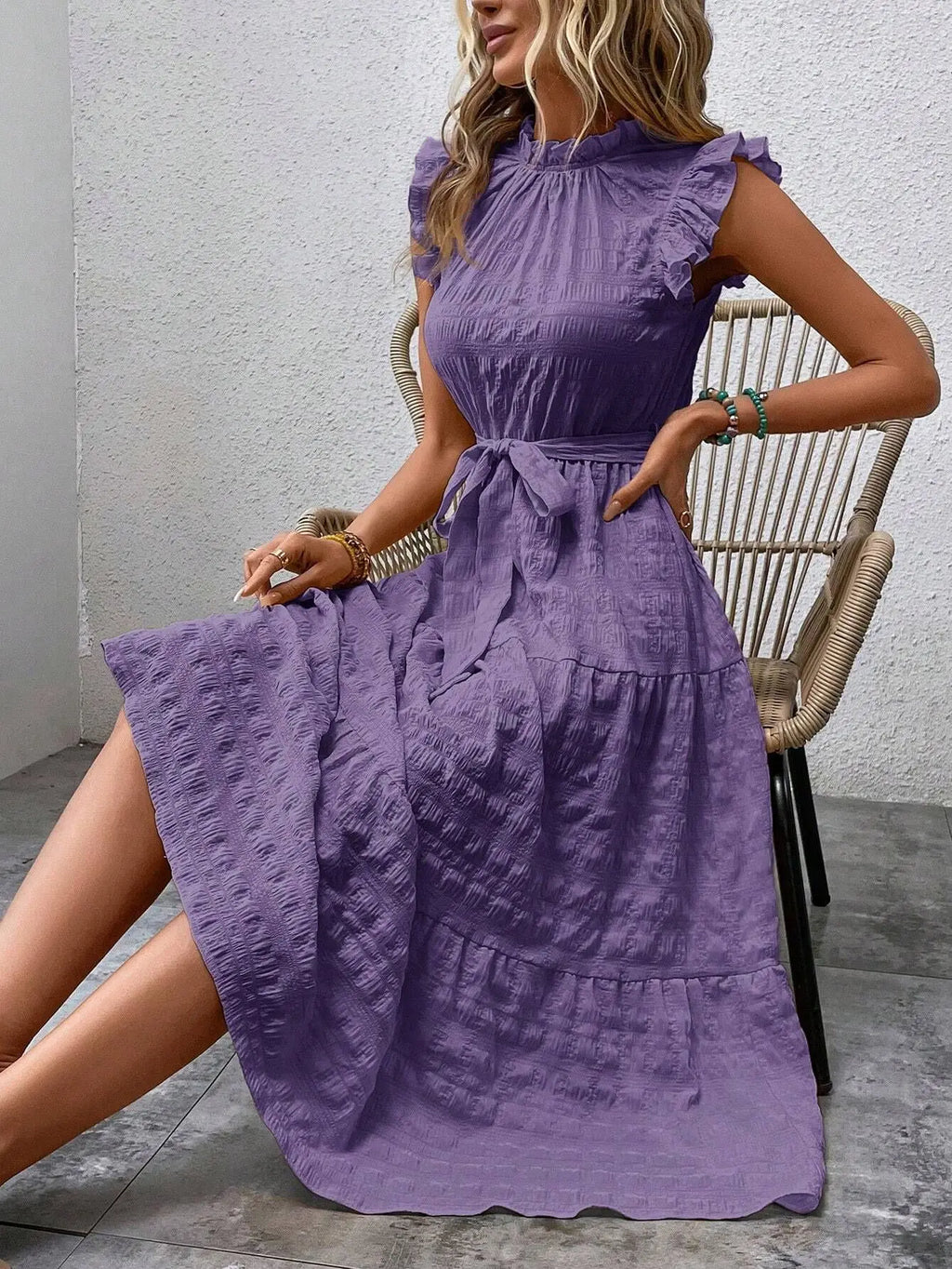 Elegant Women's Summer New Fashion Wooden Ear Edge Flying Sleeve Lace Up Texture Dress Purple  Sleeveless Lace Up Long Dresses