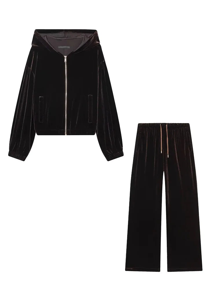 HH Woman Hooded Long Sleeves Zipper Velvet Jacket Drawstring Straight Wide Leg Pants Female Autumn Casual Loose Two Piece Set