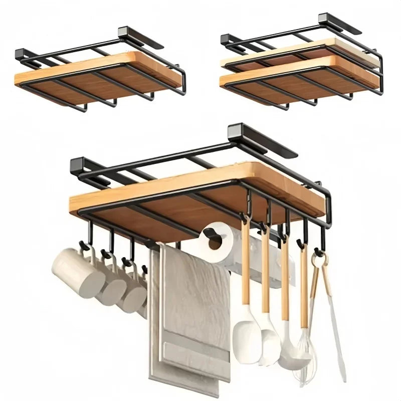 Kitchen Under Cupboard Hanging Organizer Rack with Hook Paper Towel Rags Hanger Cutting Board Pot Cover Holder Storage Shelf