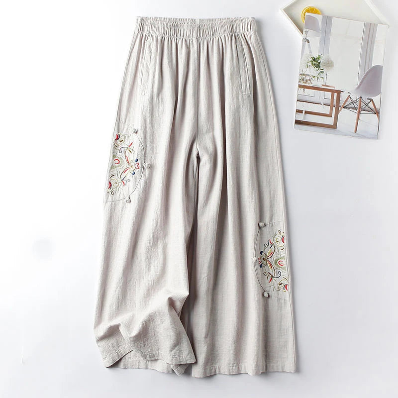 Women's Fashion New Loose Wide Leg Pants Simple Casual Solid Color Splicing Embroidered Elastic Waist Slim Thin Straight Pant