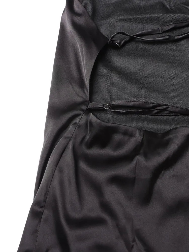 VGH Patchwork Formal Dresses For Women Halter Collar Off Shoulder Sleeveless High Waist Backless Satin Mini Dress Female Style