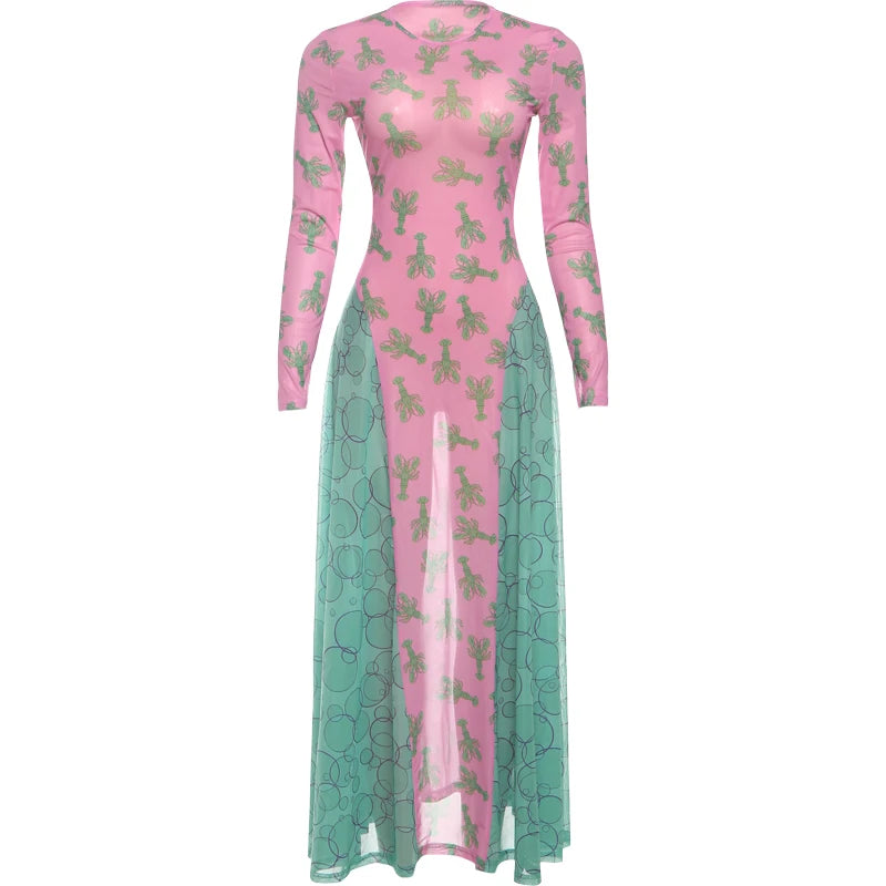Sisterlinda Contrast Design Dress Women Crayfish Print o-Neck Full Sleeve Sexy See Through Hem Fall Ruched Elegant Long Bodycon