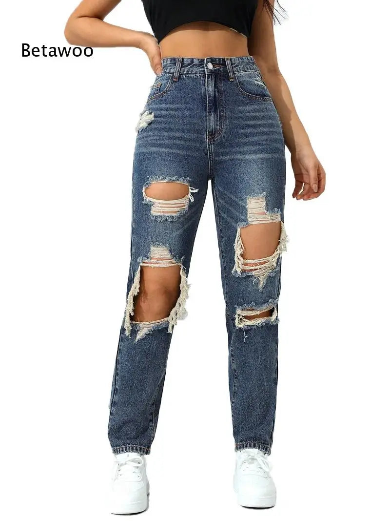 Women's High Waist Ripped Denim Jeans with Distressed Knee Holes and Straight Leg Fit for Casual Streetwear Fashion