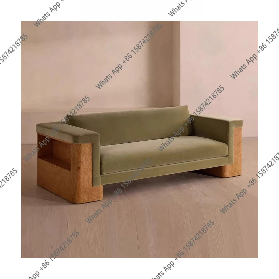 05 Medieval Style Designer Solid Wood Tree Rut Straight Row Sofa Wabi Sandy Wind Fabric Sofa American Country