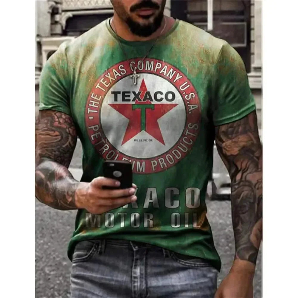 MOBIL Men's T-Shirt 3D Graphics Texaco Car Oil Pullover Fashion Summer Casual Tops Sweatshirt Men's Harajuku T-Shirt Clothing