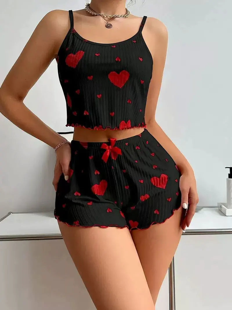 2 Pieces Set Women'S Pajama Shorts Suit Homewear Print Underwear Sexy Lingerie Camisoles Tanks Nighty Ladies Sleepwear Summer Pa