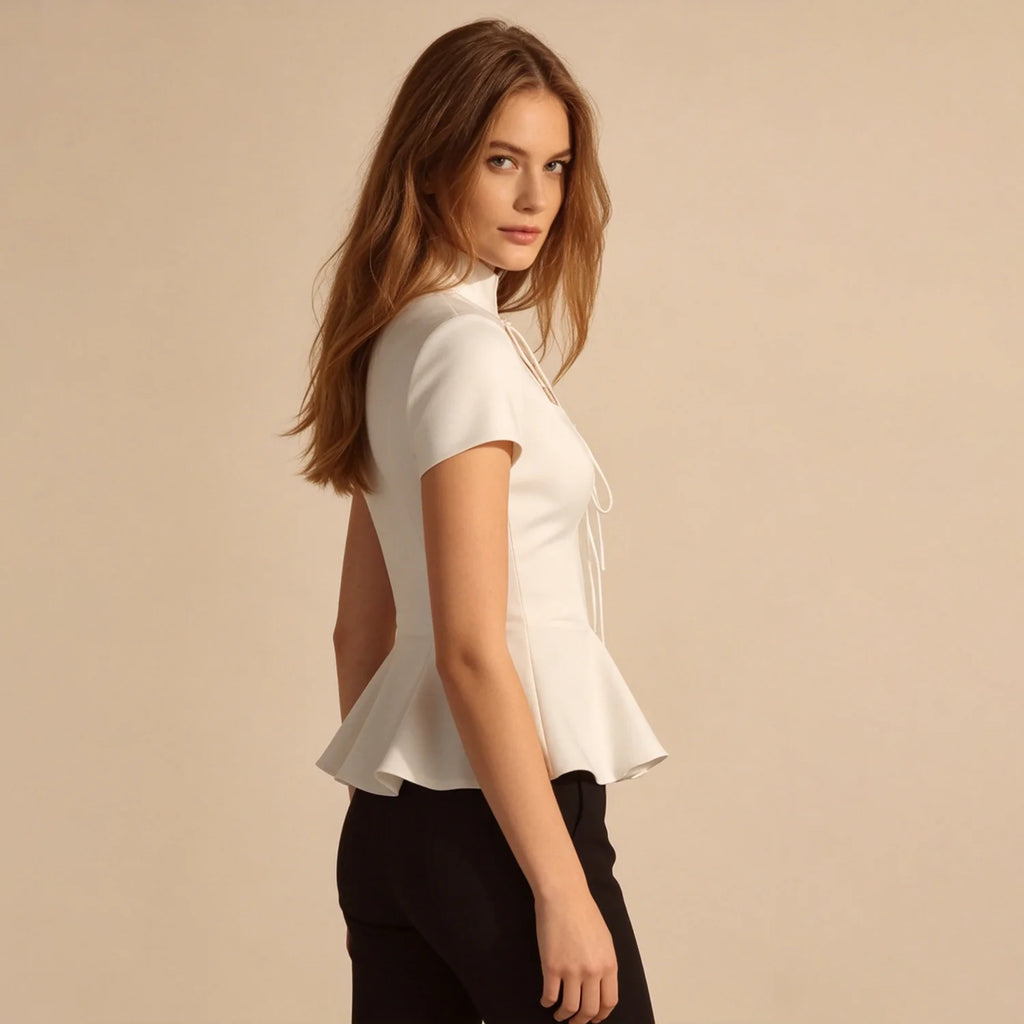 LIMO Elegant White Lace Up Peplum Top, Mandarin Collar Cutout Blouse, Women's Y2K Party Clubwear