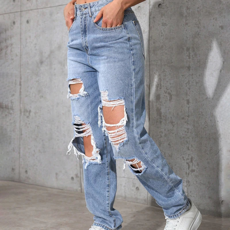 Women's Distressed Straight Leg Jeans Ripped Hole Denim Pants Casual Loose High Waist Street Style Trousers