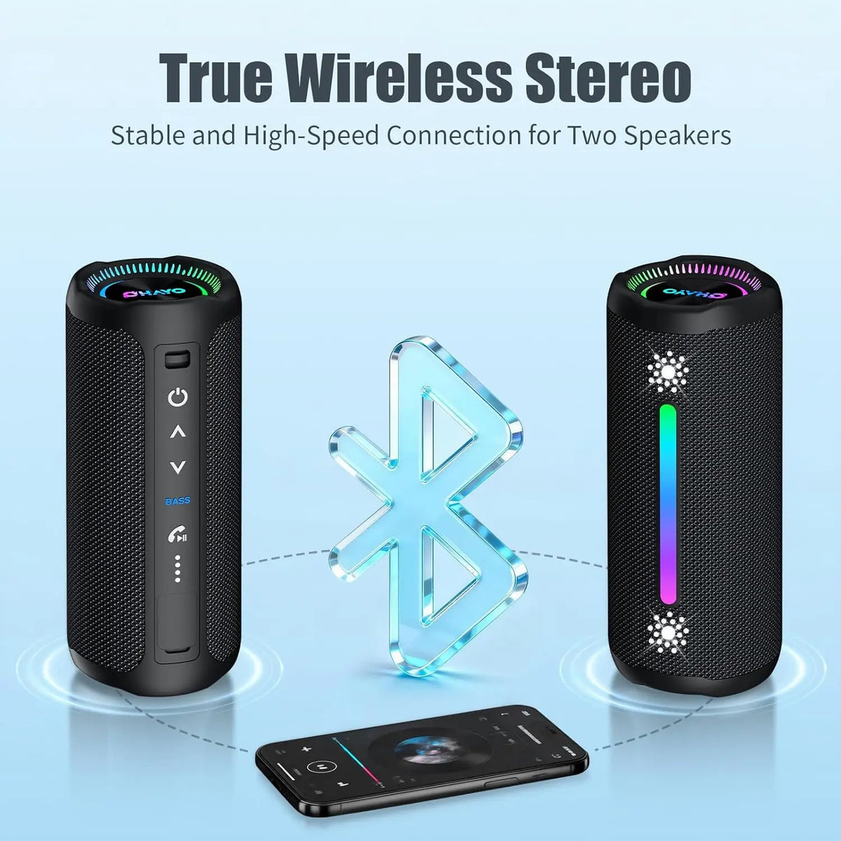 OHAYO Bluetooth Speaker with LED Light 35W HIFI Outdoor Loud Speaker IPX7 Waterproof, Enhanced Bass Sound, Wireless Stereo Pairing, Portable Wireless Speakers for Home Travel Sport