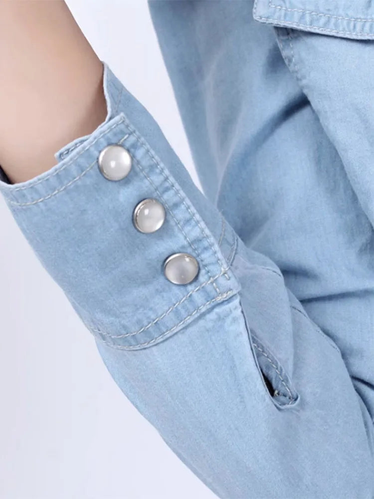 Spring 2026 New Denim Shirts And Blouse For Women Korean Style Long Sleeve Top Blue Or Sky Blue Color Jeans Elegant Blouses