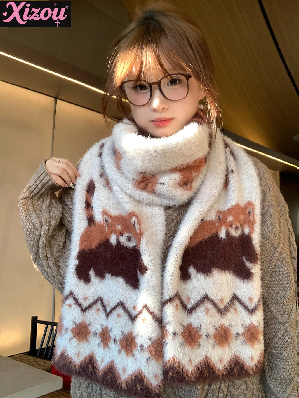 Japanese Cute Lolita Cartoon Red Panda Plush Scarf Female Autumn Winter Thickened Warm Versatile Maillard Neck Scarf 2025 New