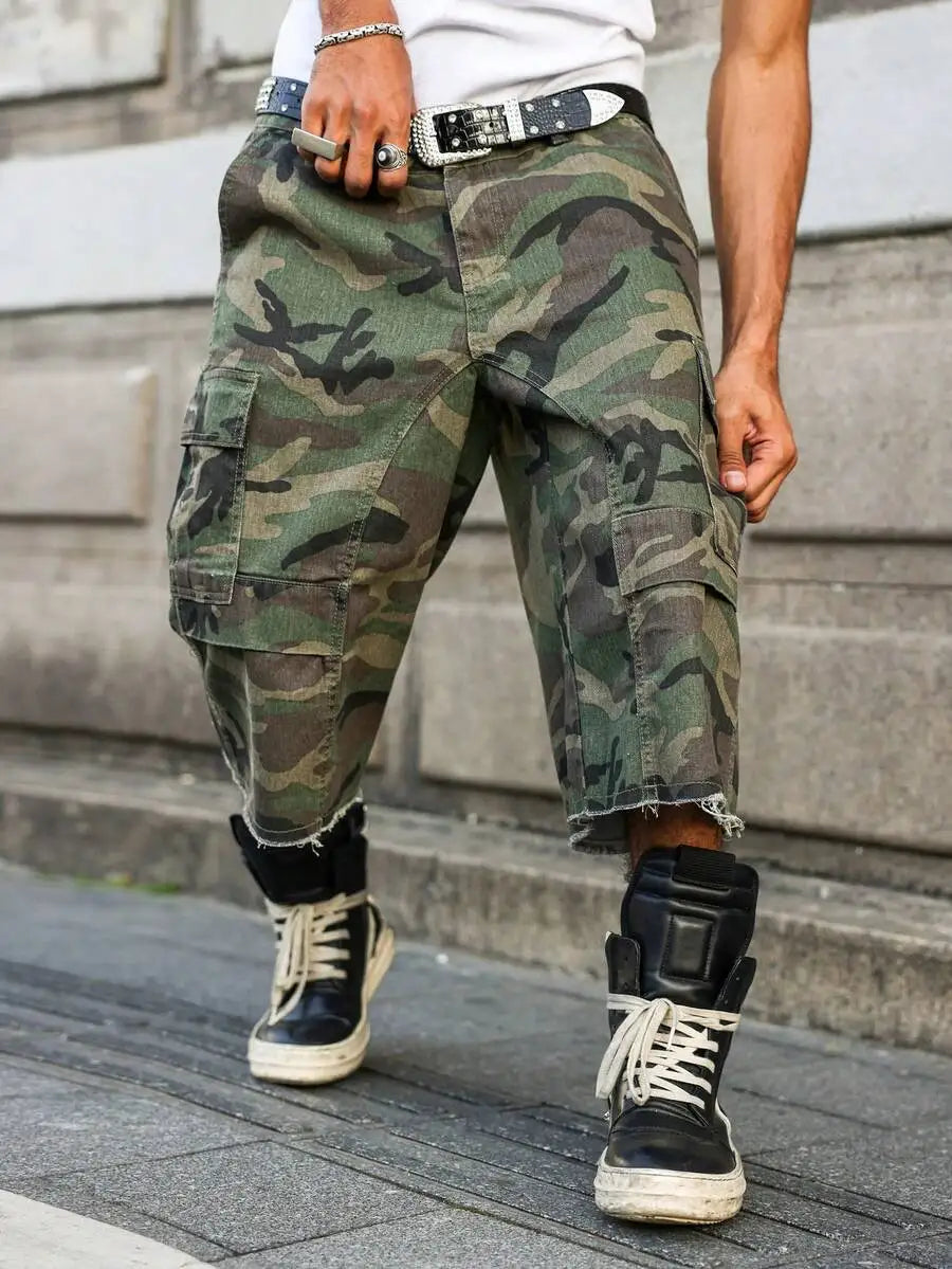 PAVTROS Manfinity Streetrush Men's Casual Cargo Pockets Camouflage Frayed Hem Loose Denim Shorts Jorts Going Out Hang Out Party