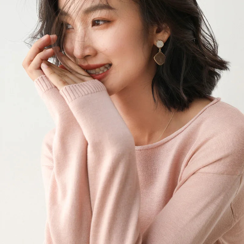 2025 Spring Autumn Womens Sweater Solid Knitwear Korean Loose Female Basic Casual Jumpers Stretch Pullover Sky Blue Pink Sweater