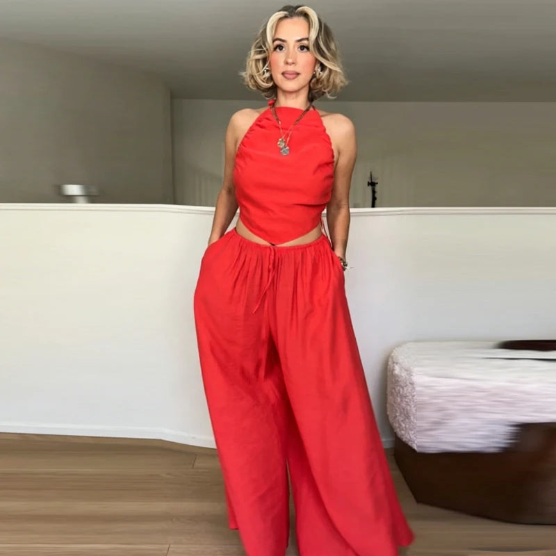 HXAO Red Ruffled Pants Sets Women's Suit Halter Crop Backless Sleeveless Top 2 Piece Set Chic High Waist Baggy Trousers Outfits
