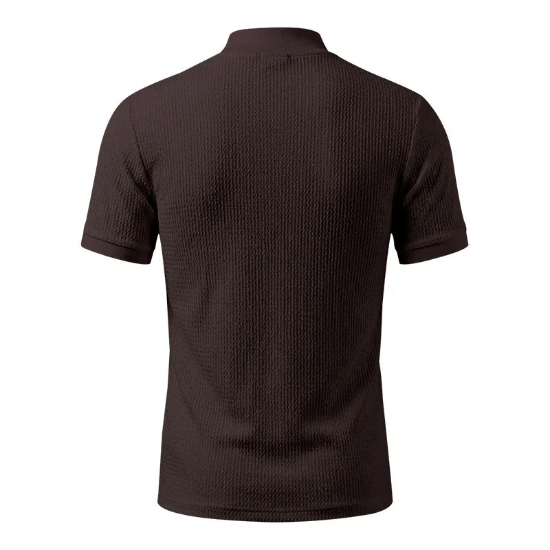 Men Summer Solid Jacquard Textured Mock Neck Short Sleeve T Shirt Slim Fit Simple Versatile Casual Daily Male Basic Tees