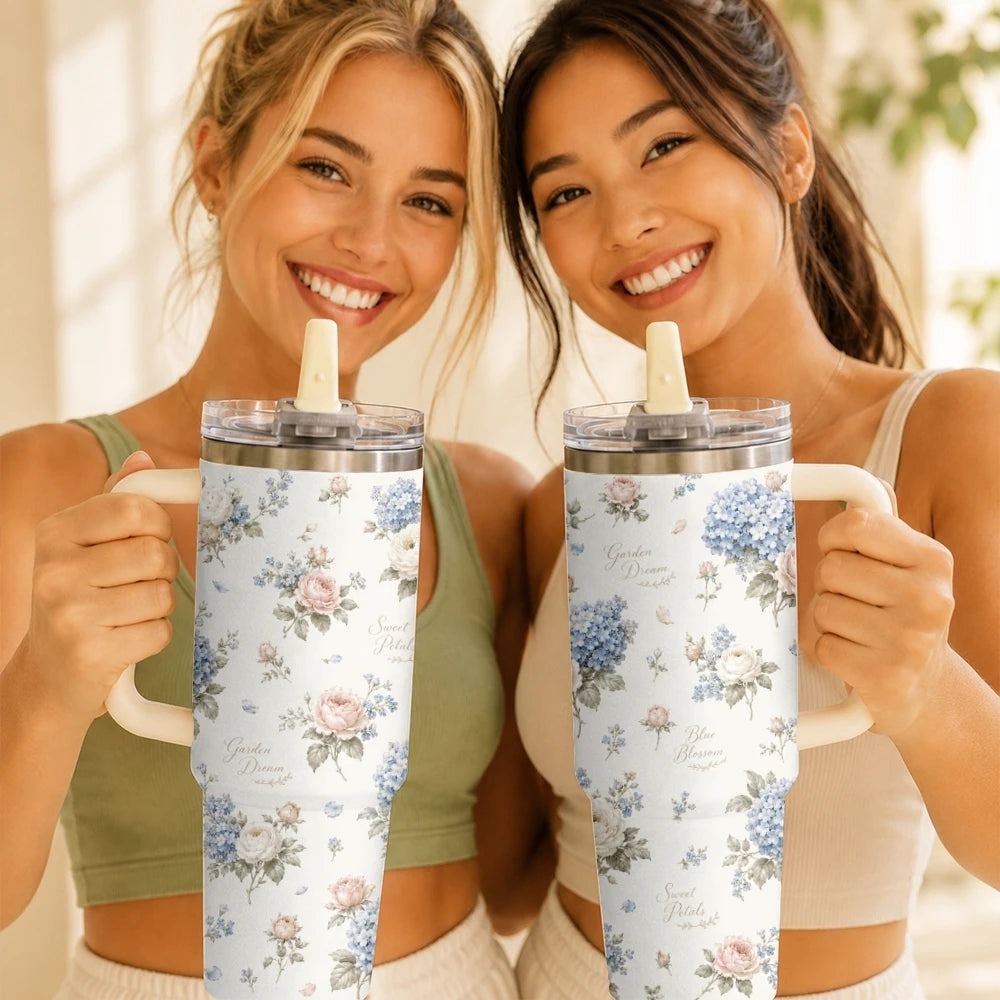 Vintage Floral Style Vacuum Flasks 40oz Stainless Steel Tumbler with Handle Straw Lid Vacuum Insulated Double Wall Leak Proof