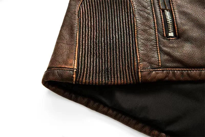 2023 New Motorcycle Causal Vintage Leather Coat Men Autumn Outfit Fashion Biker Pocket Design Top Layer Cow Leather Jacket