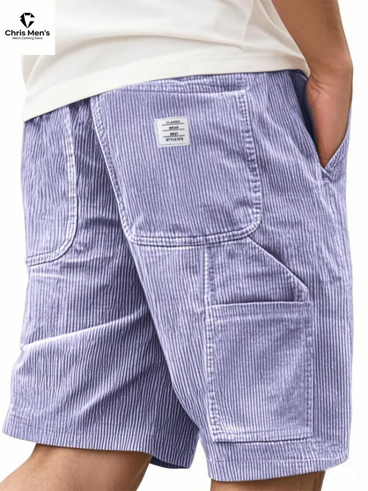 Men's Workwear Shorts Summer Casual Corduroy Loose Elastic Waist Multi-Pocket Leisure Pants Embroidery Retro Style Male Trousers
