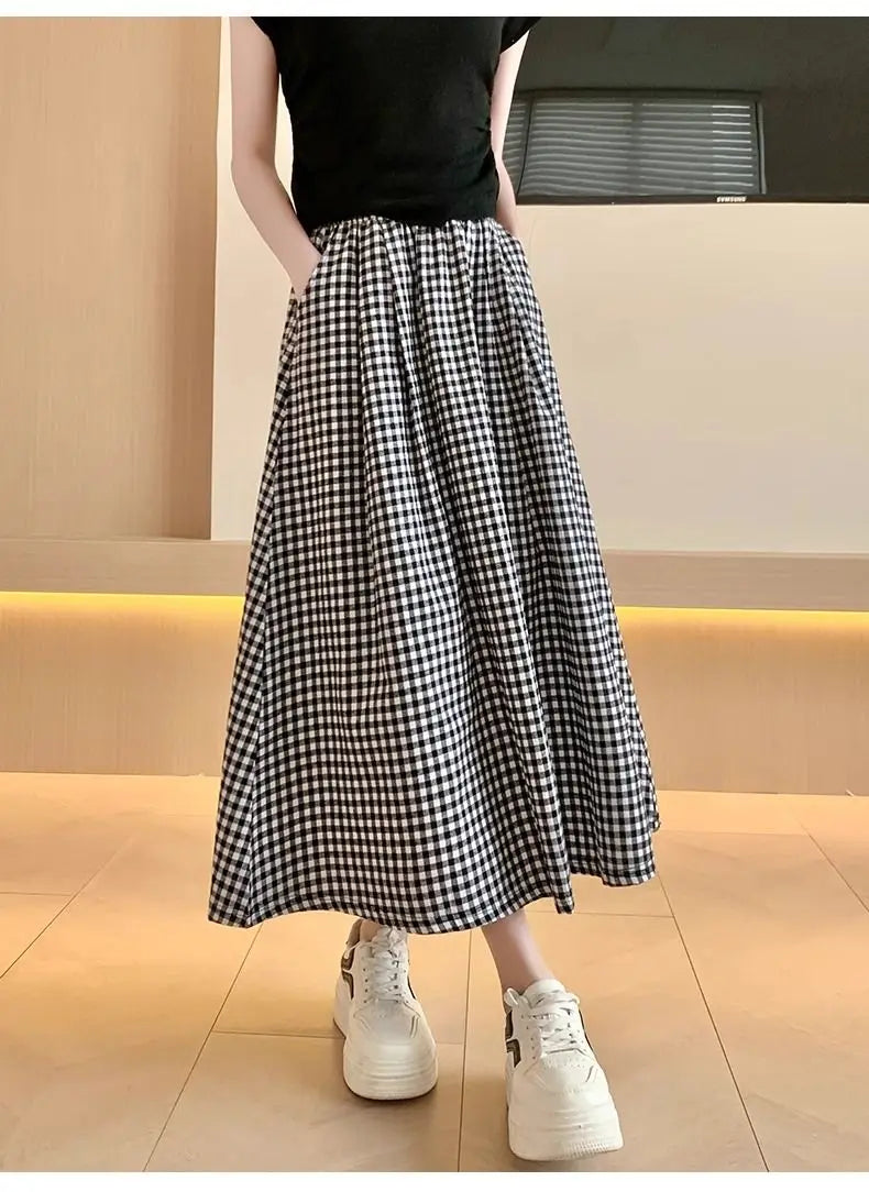 Black White Checkered A-line Skirt Women Summer Lightweight High Waisted Long Skirt for Petite Slimming Casual 2025 New