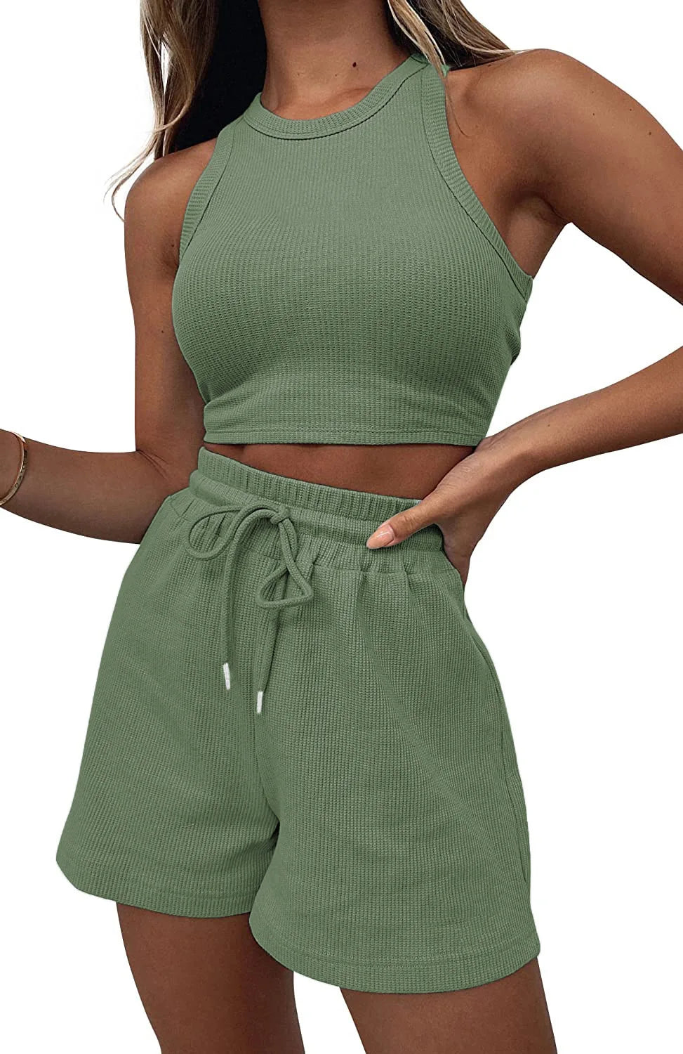 Women Shorts Outfit Solid Sleeveless Ribbed Crop Tank And Drawstring Shorts Casual Tracksuit Workout Set 2 Piece Lounge Set