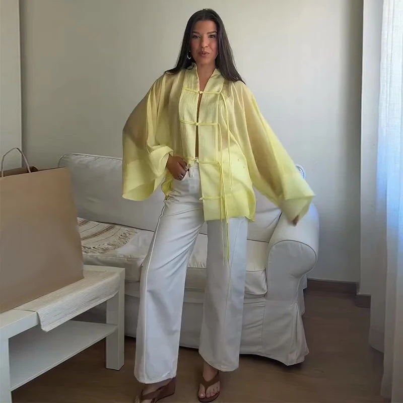 Loose Women's Frog Buttons Mandarin Shirts See Through Stand Collar Full Sleeve Blouses 2026 Summer Lady Cotton Linen Outwear