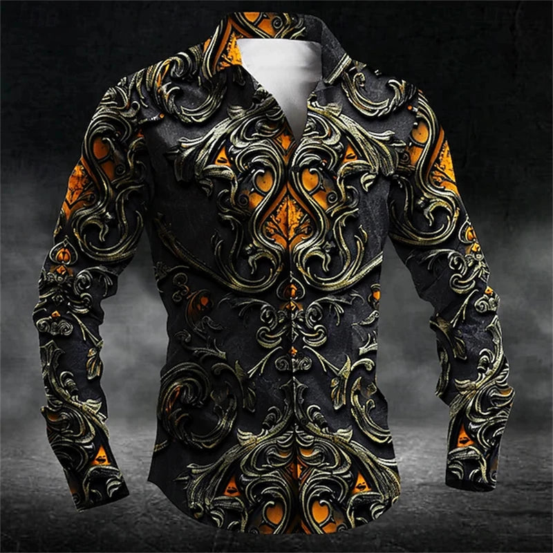 2026 Halloween Fun New Fall and Winter Yellow Shirt Halloween Party Fashion Men's Long Sleeve Tops Temperament Button Down Shirt