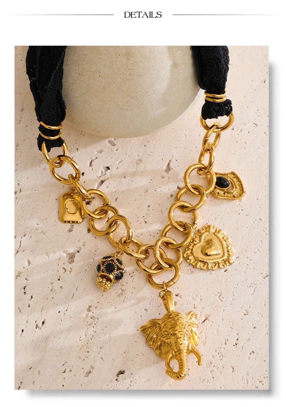Yhpup 2025 Black Lace Chain Heart Elephant Pendant Statement Necklace 18K Golden Plated Stainless Steel Charms Handmade Jewelry