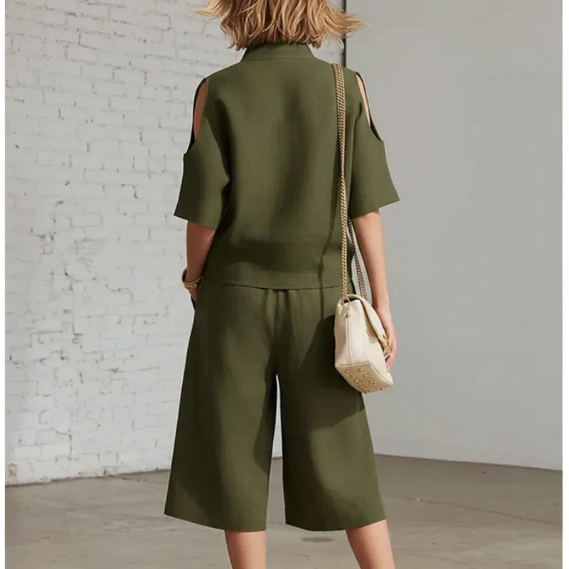 Two piece Women's clothing 2026 Summer New Fashion Loose Solid Short sleeved Top+elastic waist Pants Casual Clothing Sets