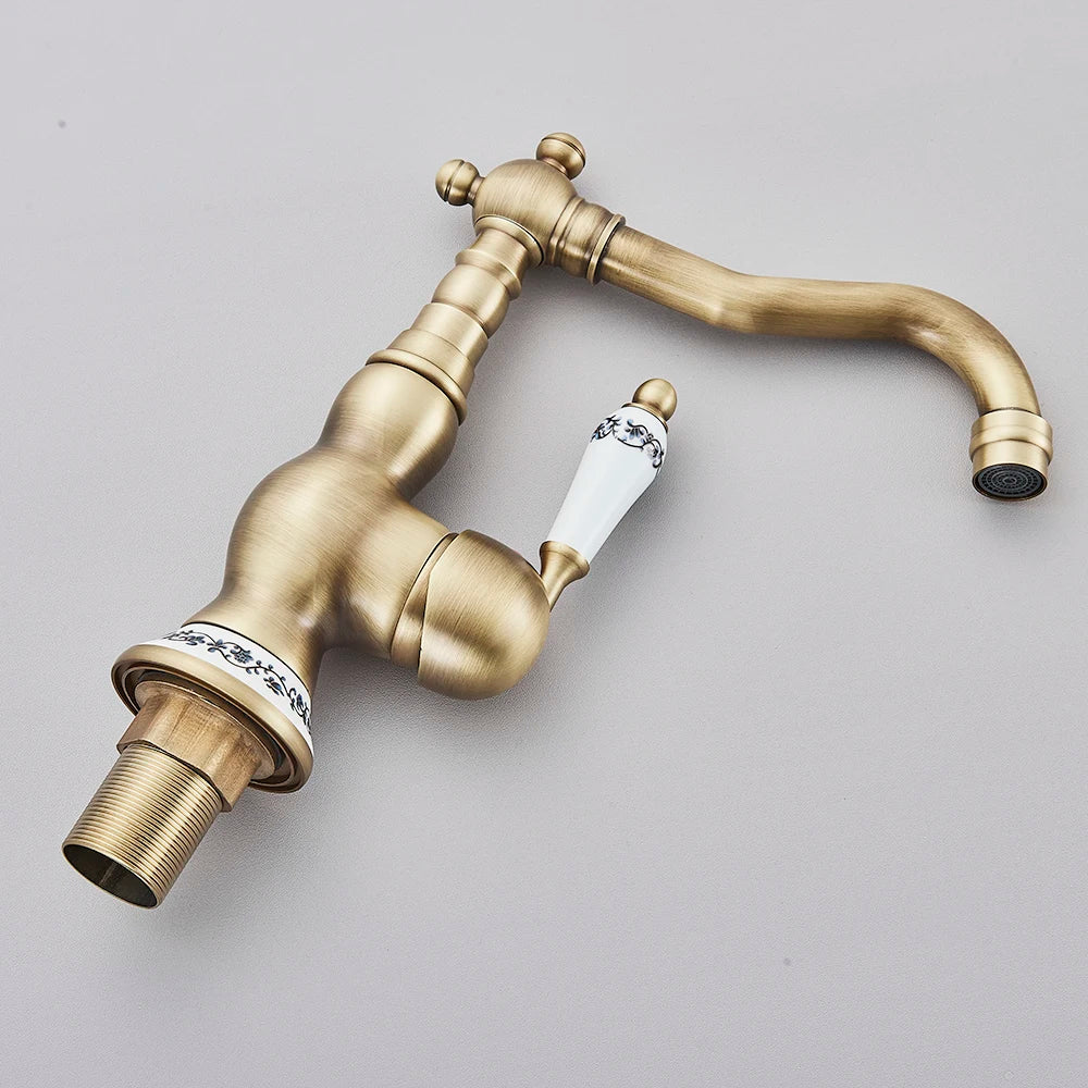 Antique Brass Bathroom Faucet Hot & Cold Mixer Tap Single Hole Single Lever Rotatable Ceramic Handle for Kitchen