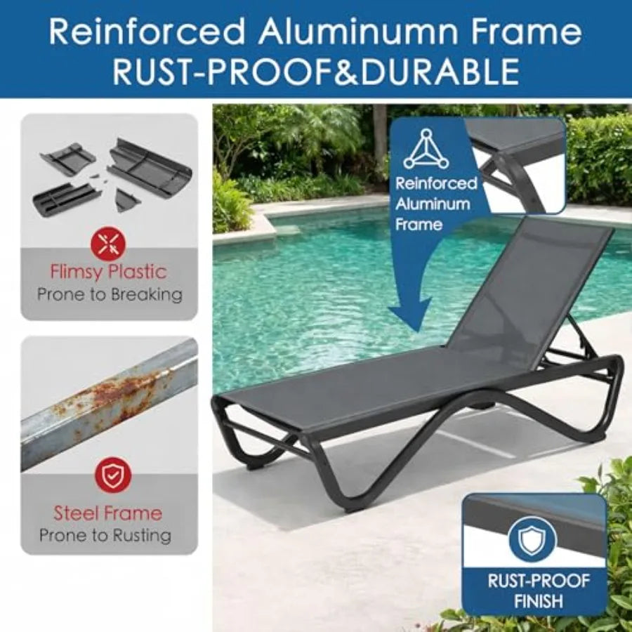 Outdoor Chaise Lounge for Poolside, Sunbathing Backyard: All Aluminum Frame + Textilene Fabric, Fully Flat Adjustable Reclining