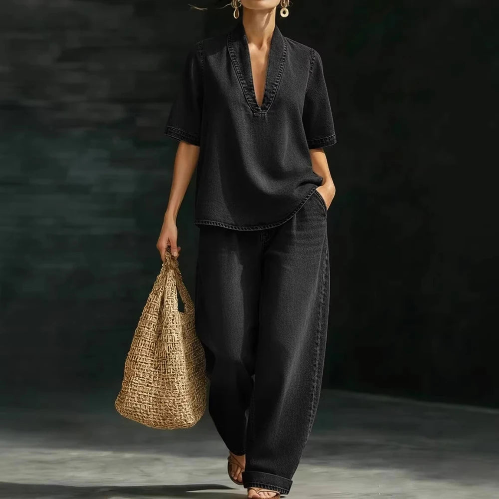 Women Denim Two Piece Set V Neck Half Sleeve Top T-Shirt Loose Wide Leg Pants Casual Outfit Streetwear Fashion Summer Suit Sets