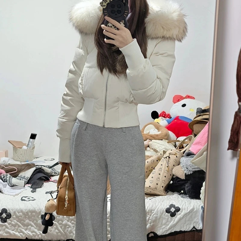 Winter New Women's Faux Fur Hooded Thick Padded Coat Slim Waist Short Cotton Jacket Sweet Style Warm Outerwear Parka
