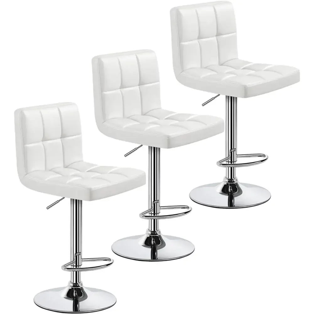 Set of 3 Adjustable Swivel Bar Stools, PU Leather, White, with Backrest and Footrest, Ideal for Kitchen, Dining, and Bar Areas
